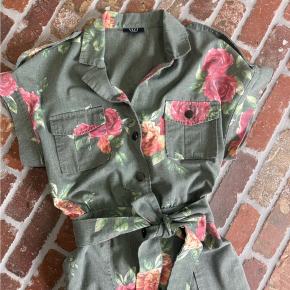 Vici Pants - Vici Olive Green Floral Button Down Jumpsuit